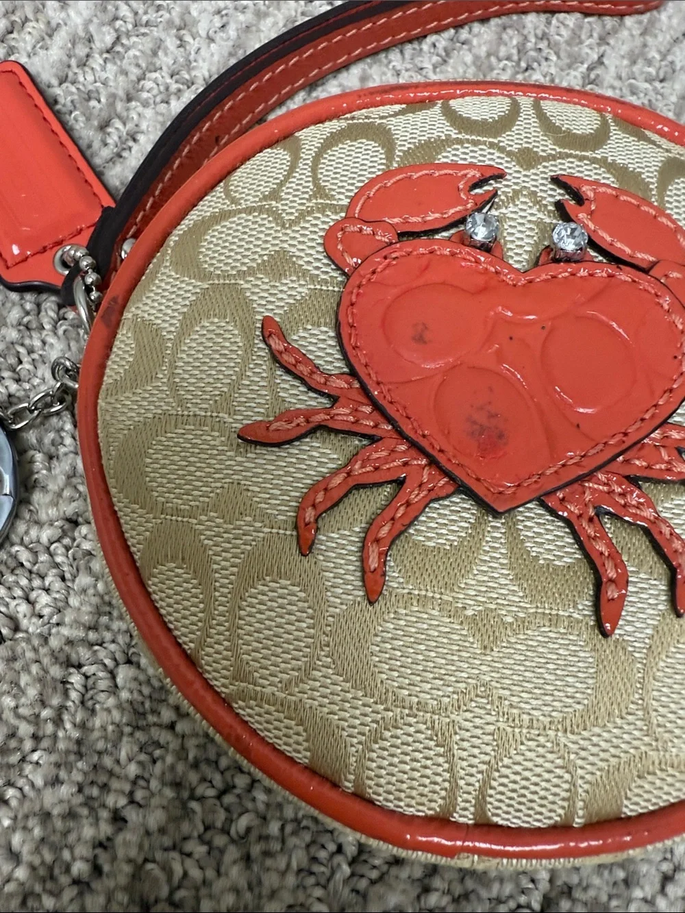 Coach Beige Signature Round Wristlet with Coral Crab 🦀 Appliqué